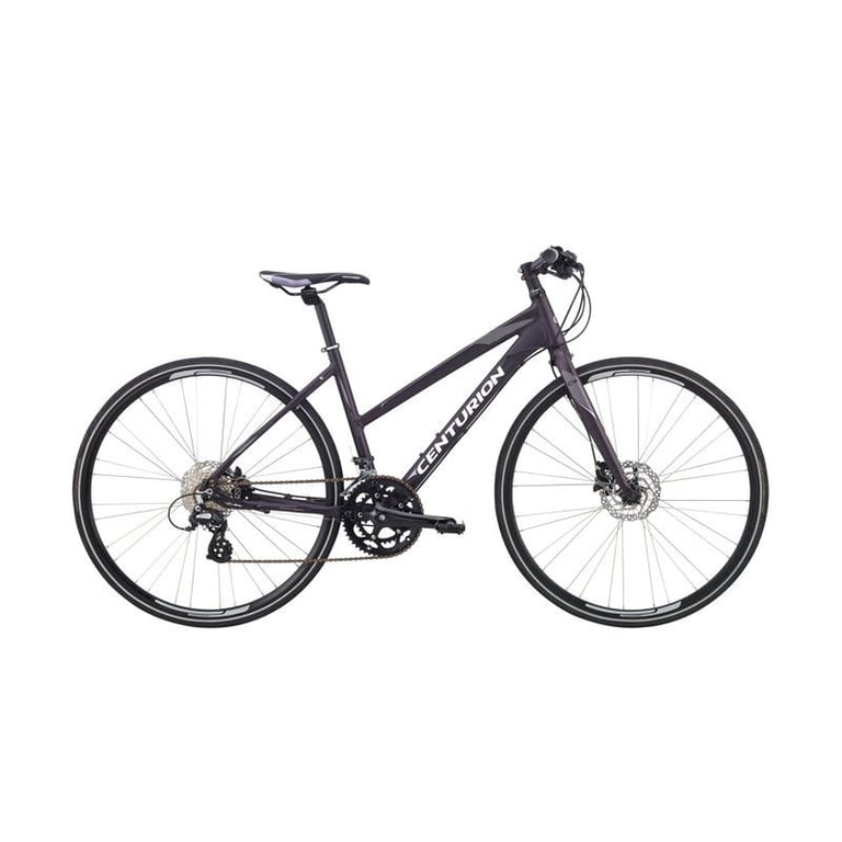 Sort og grå Centurion racercykel med tynde dæk og skivebremser, set fra siden mod hvid baggrund.