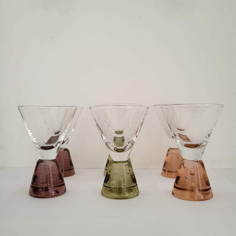 6 Vintage shotglas i farvet glas