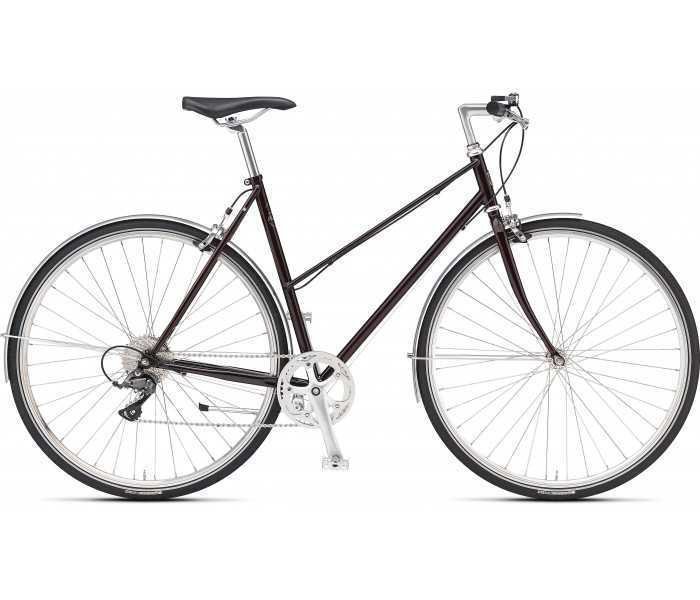 Sort retro bycykel med tynde hjul og lige styr, set fra siden på hvid baggrund.