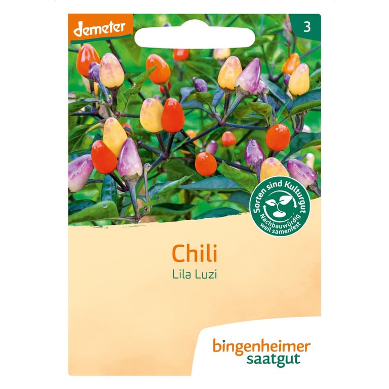 Frøpakke med chili sorten "Lila Luzi" med billede af små, farverige chilifrugter i nuancer af lilla, orange og gul på planten.