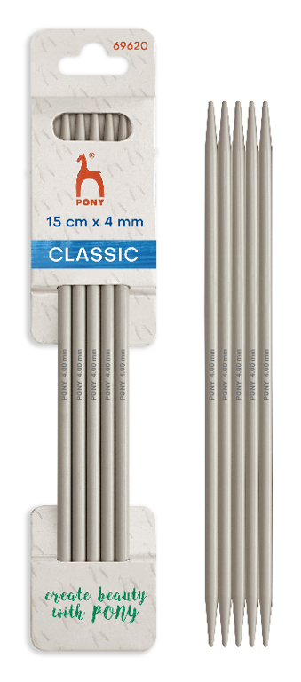 Pony Classic rundpinde til strikning, 15 cm lange og 4 mm tykke, gråfarvede.