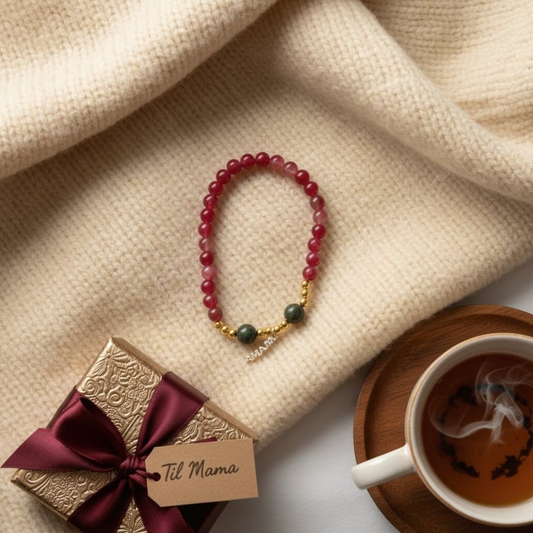 Armbånd i jade sten og agater, med et vedhæng "Mama"