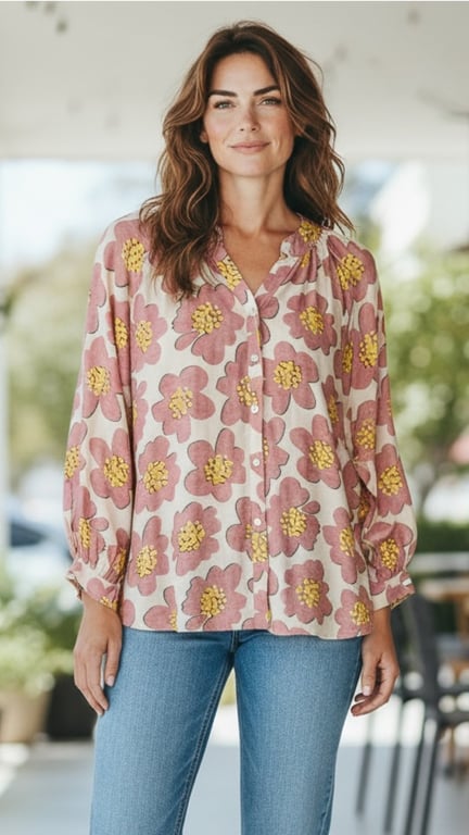 Kvinde iført bluse med store lyserøde og gule blomsterprint og blå jeans, stående udendørs med sløret baggrund.
