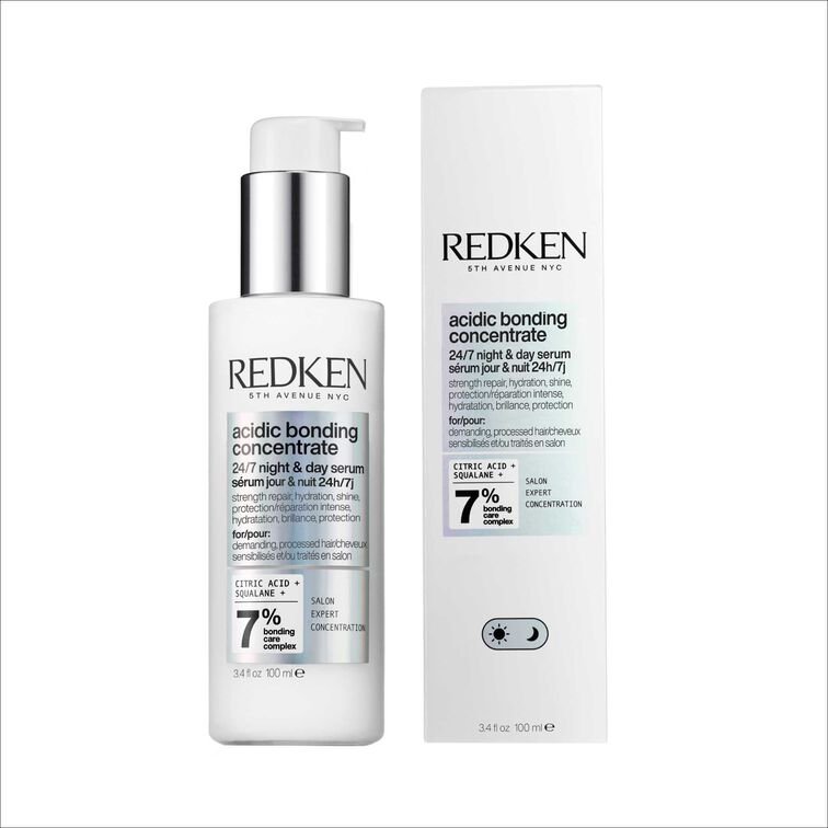 Flaske og æske med Redken Acidic Bonding Concentrate 24/7 nat og dag serum til hårpleje, 100 ml.