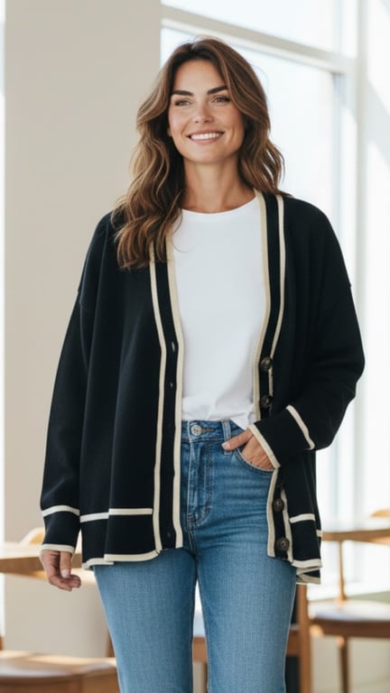 Kvinde iført hvid t-shirt, blå jeans og sort cardigan med hvide kanter, smilende i lyst rum.