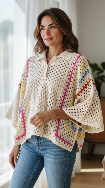 Kvinde iført beige hækletrøje med farvede striber og blå jeans, stående ved vindue i lyst rum.