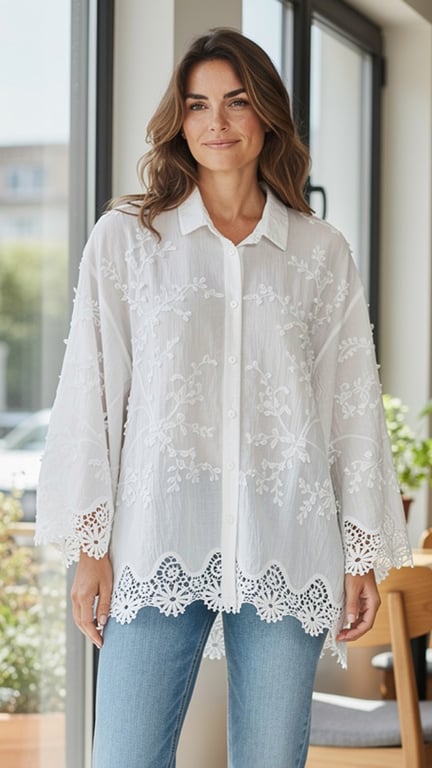 Kvinde iført hvid, broderet bluse med lange ærmer og knapper, stående foran et vindue i et lyst rum.