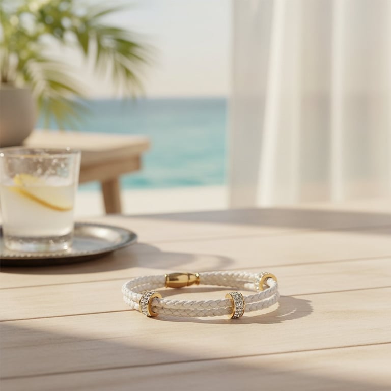 Et lyst flettet armbånd med guld og diamanter ligger på et lyst træbord med havudsigt i baggrunden.