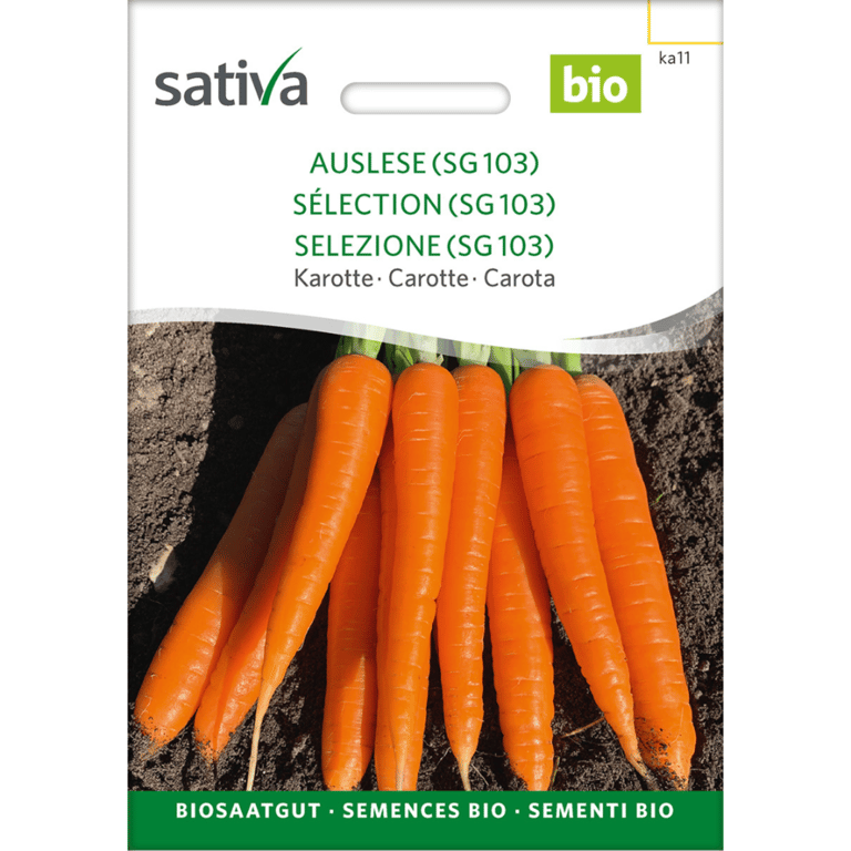 Frøpose til økologiske gulerødder af mærket Sativa med teksten "Auslese (SG 103)" på dansk, fransk og italiensk.