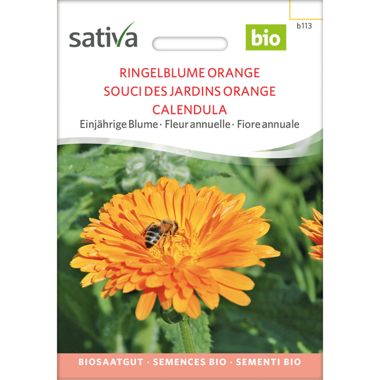 Frøpakke til økologiske orange morgenfrue-blomster med billede af en orange morgenfrue og en bi på blomsten.