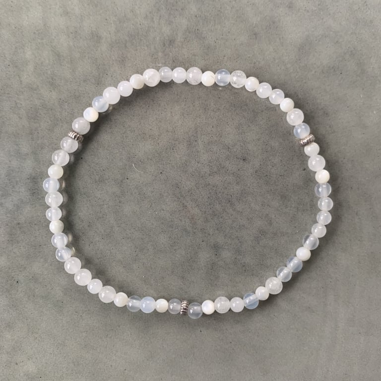 Hvid jade, hvid agat og hvid shell armbånd 3mm