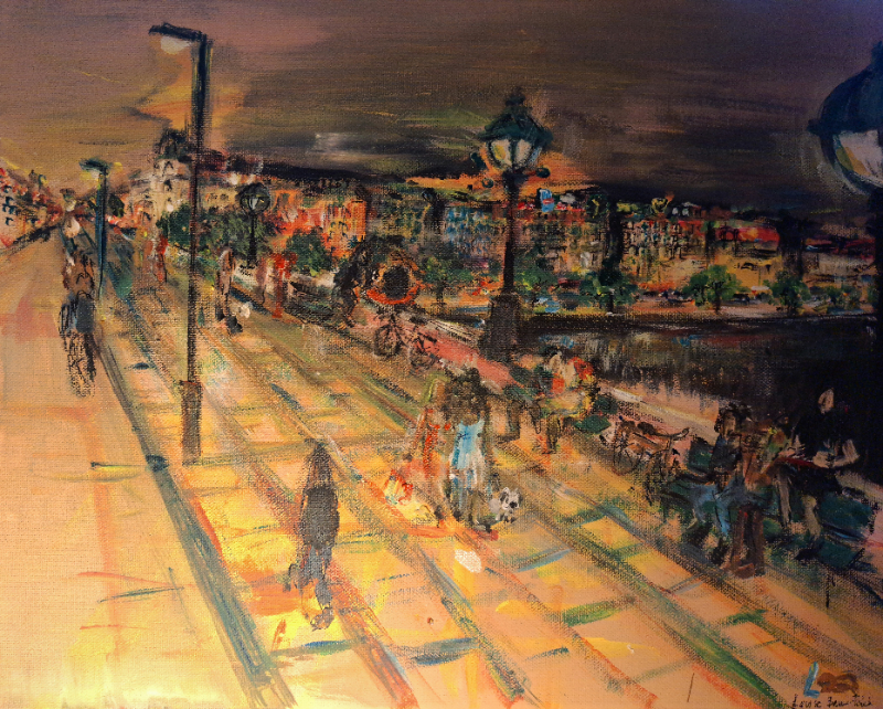 Dronning Louises bro, nørrebros bro, night time og neonlys, akryl, 30x40 