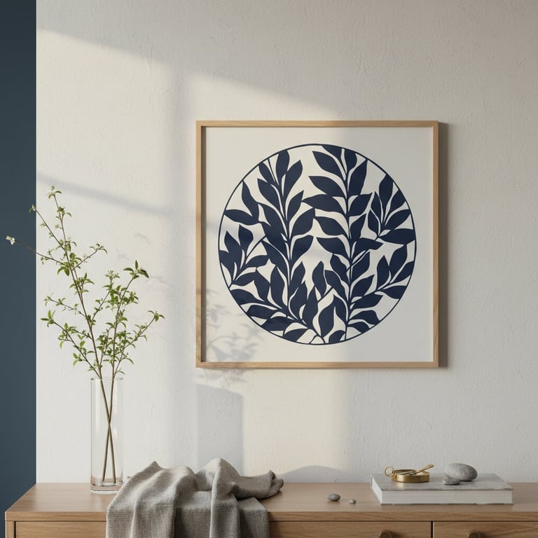 Minimalistisk indretning med et træbord, en vase med grønne grene, en grå strikket tæppe, to bøger med et gyldent låg og sten ovenpå, samt en vægdekoration med mørkeblå bladmønster i en træramme på en hvid væg.