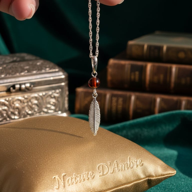 Hånd holder vedhæng med sølvfjer og ravperle over pude med teksten "Nature D'Ambre", flankeret af antikvitet-æske og stabler af læderindbundne bøger.