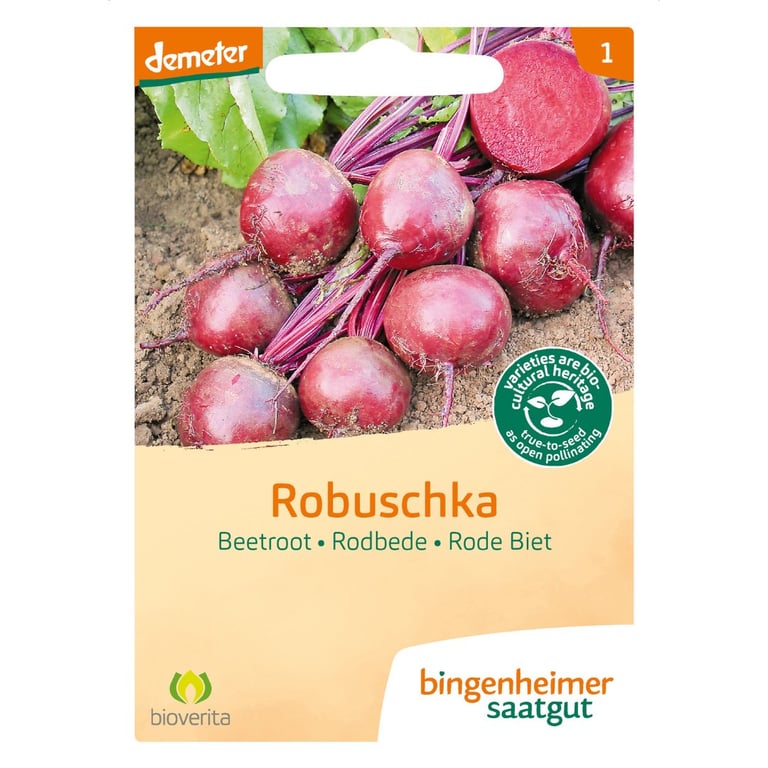 Frøpose med billede af små rødbeder med blade, mærket "Robuschka" rødbede fra Bingenheimer Saatgut.