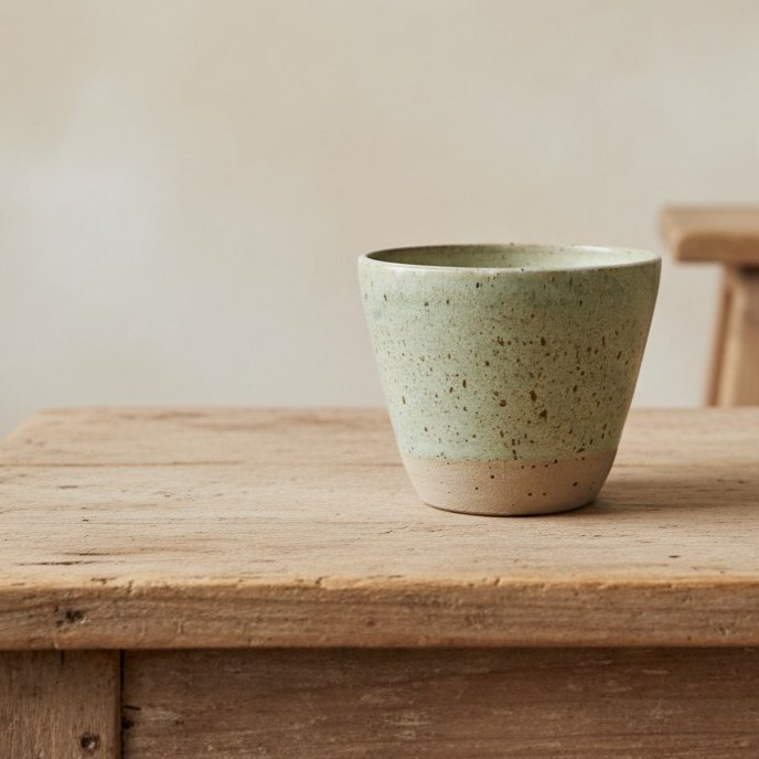 Grønlig keramik kop med prikker på et rustikt træbord.