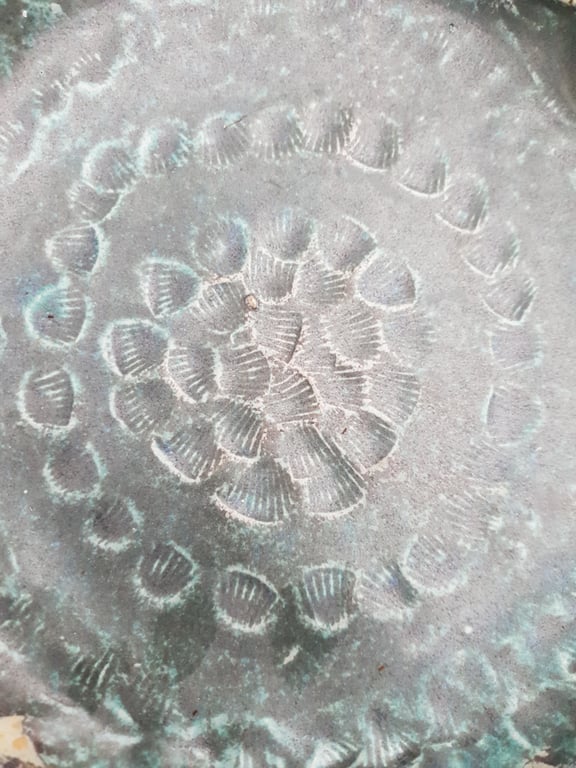 Fad/dyb tallerken med af tryk af muslingeskaller