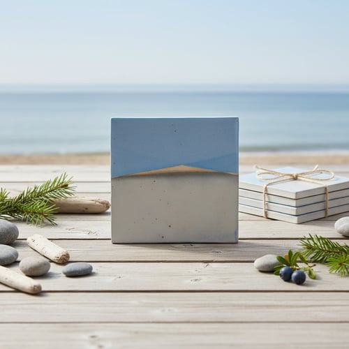 Flise med abstrakt blå og beige mønster stående på et lyst træbord ved stranden med hav i baggrunden og pynt af små sten, grene og bær.