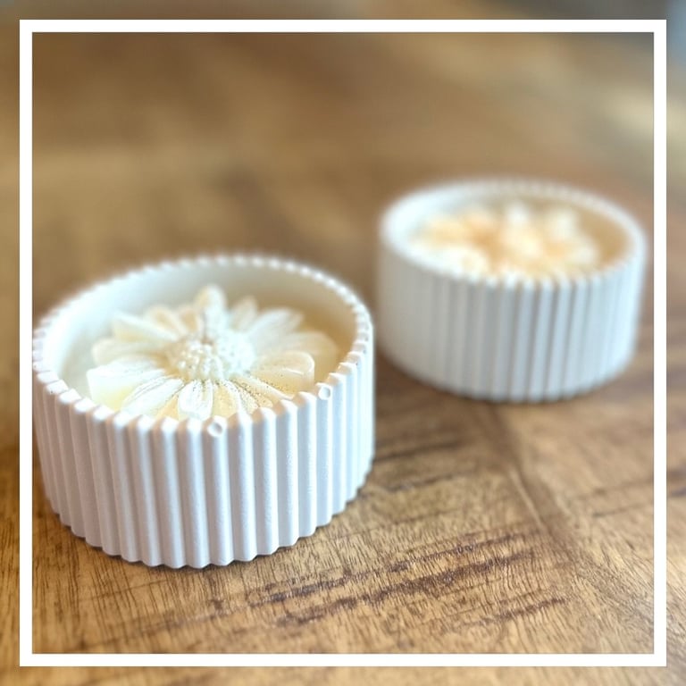 Soyavokslys med blomst støbt i hvid krukke - sølv/guld glimmer. 