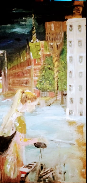 SOLGTRundetårn på hovedet, ville have søgt på en udstilling i Rundetårn, men det var kun for grupper:/ akryl 20x40