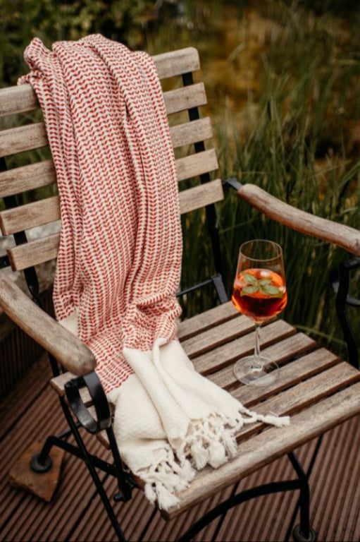Træstol med et rødmønstret tæppe og et glas med orange drink og lime, placeret udendørs på en terrasse med grønne planter i baggrunden. (2)