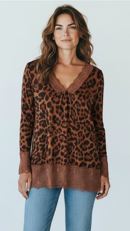 Kvinde iført brun leopardmønstret bluse med blonder ved hals, ærmer og kant, samt blå jeans.