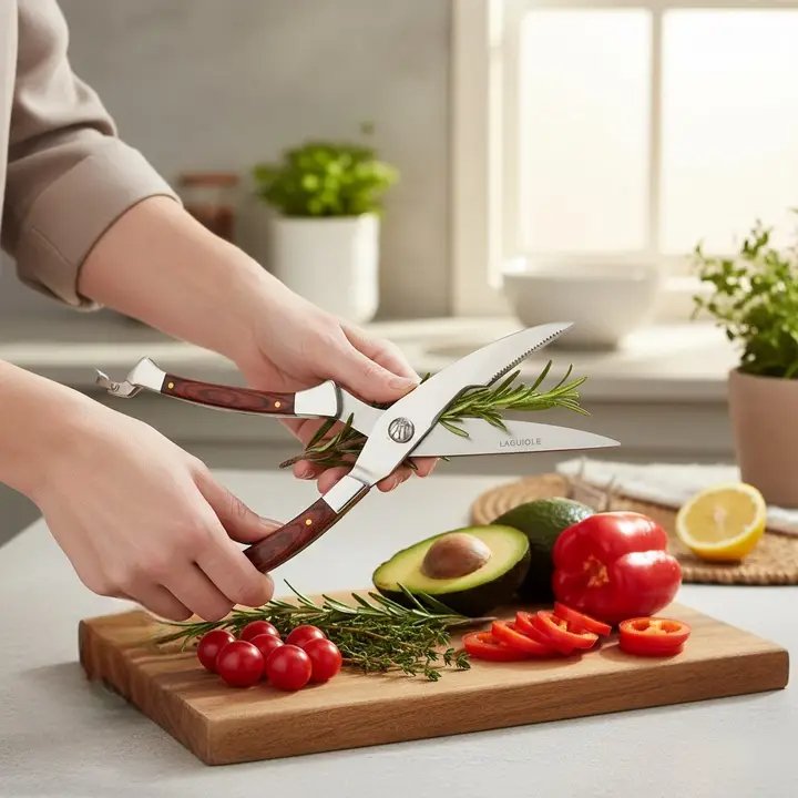 Person bruger multifunktionelle køkkensakse til at klippe friske krydderurter over et skærebræt med grøntsager som avocado, cherrytomater og rød peberfrugt.