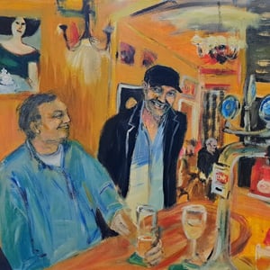 Snork, Giro Michael og Johan B, enghave plads, dejlig GUL bar, akryl  40x50 – produktbillede