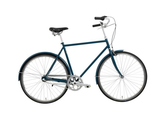 Billede af en mørkeblå klassisk herrecykel med sort sæde og sorte håndtag, set fra siden på hvid baggrund.