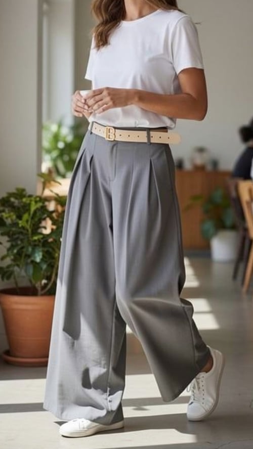 Kvinde iført hvid t-shirt, grå vidde bukser med plissering, beige bælte og hvide sneakers, stående i lyst rum med planter. (1)