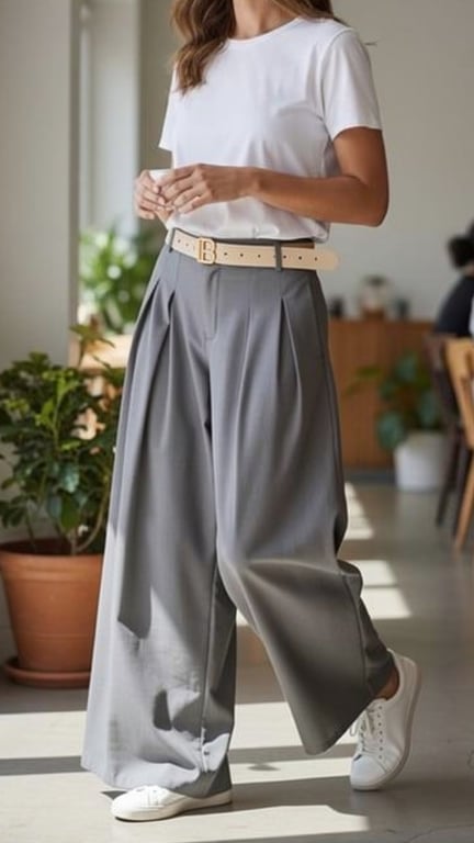 Kvinde iført hvid t-shirt, grå vidde bukser med plissering, beige bælte og hvide sneakers, stående i lyst rum med planter.