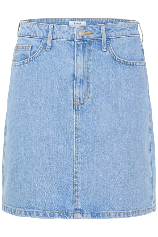 Lysblå denim nederdel med bæltestropper, lynlås og knap foran.