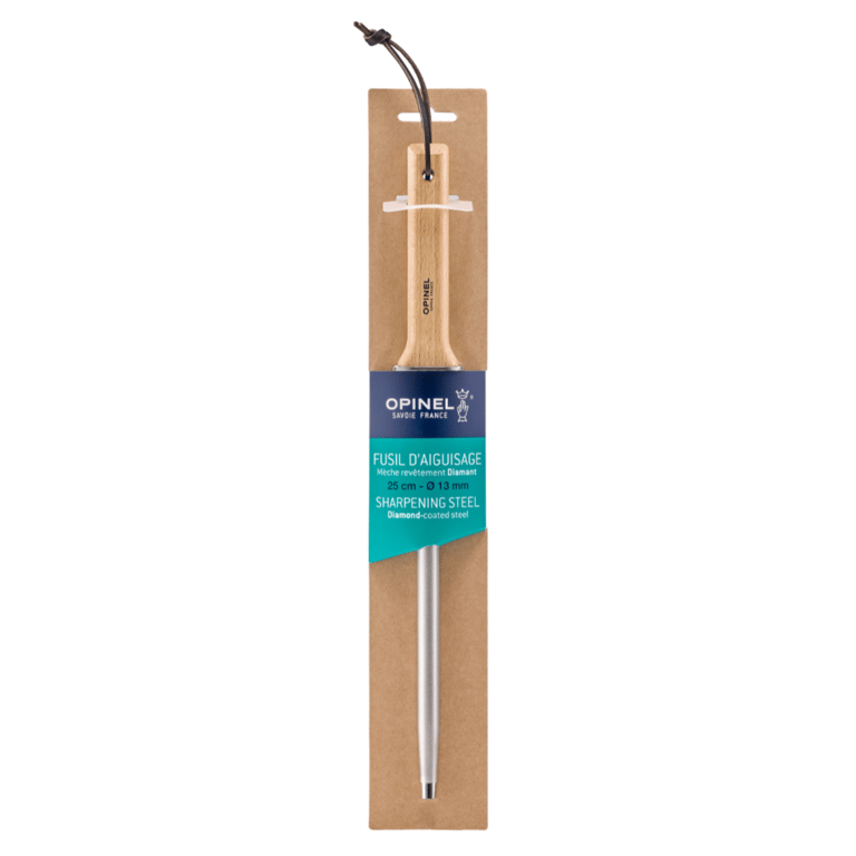 Opinel slienål med træhåndtag og diamantbelagt stål, 25 cm, i emballage med blå og grøn etiket.