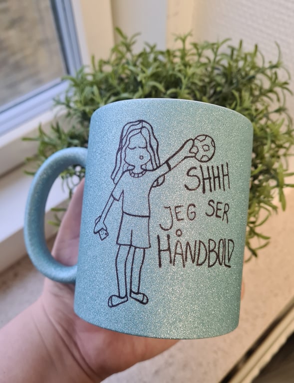 Krus: Shhh jeg ser håndbold (langt hår) Lys Blå Glimmer