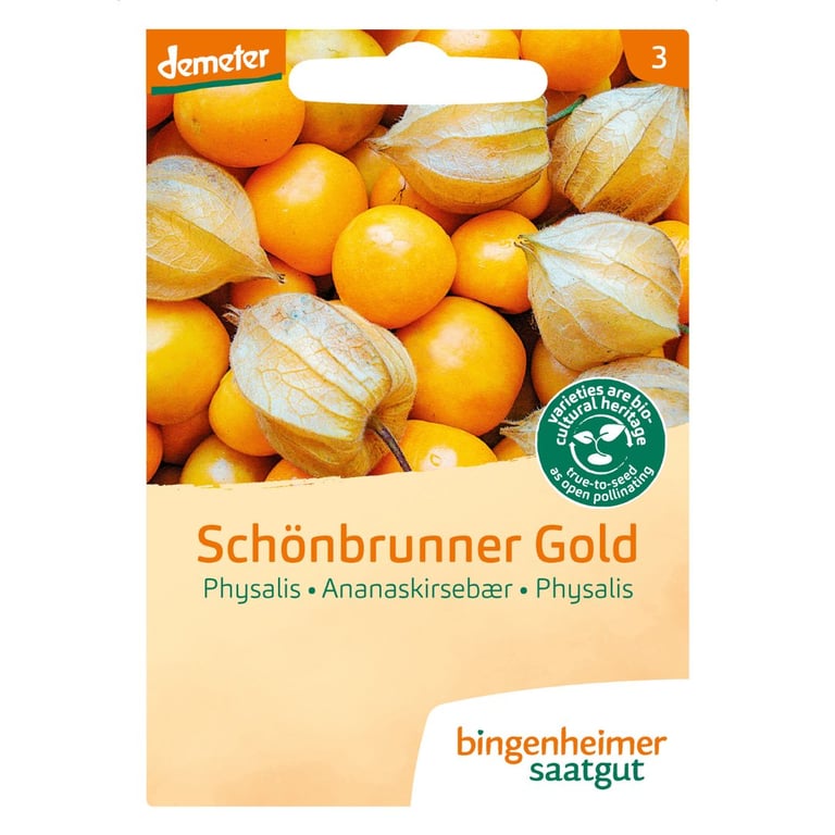 Frøpose med billede af orange physalis-frugter og teksten "Schönbrunner Gold Physalis • Ananaskirsebær • Physalis" fra mærket bingenheimer saatgut.