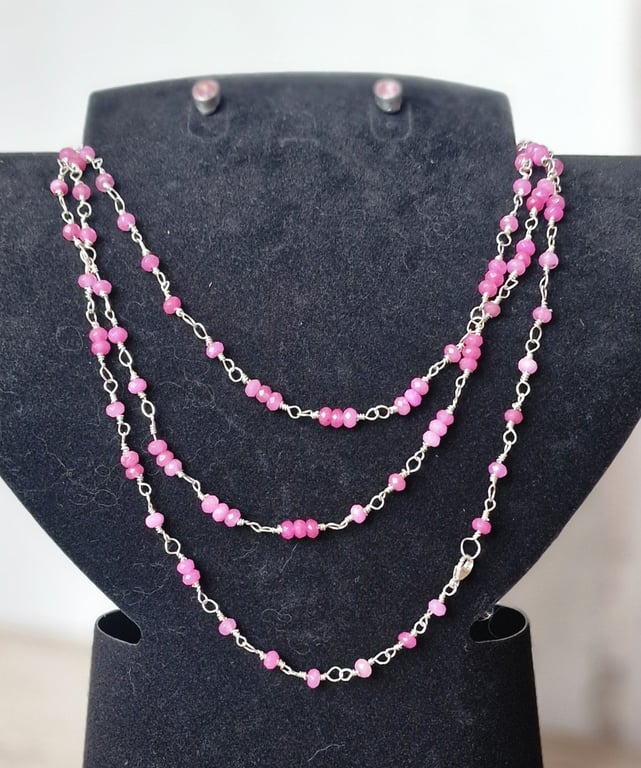 Pink agat halskæde/armbånd, sølv - 115 cm.