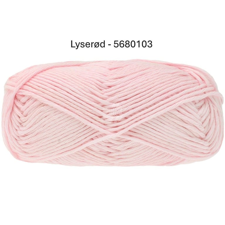 Lyserødt garnnøgle mod hvid baggrund med tekst "Lyserød - 5680103" over garnet.
