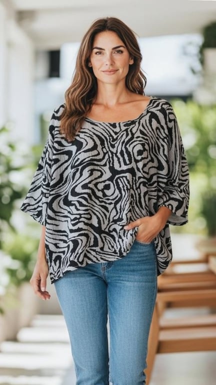 Kvinde iført sort-hvid zebra-mønstret bluse og blå jeans, står afslappet med hånden i lommen i en lys, grønt dekoreret indendørs gang.