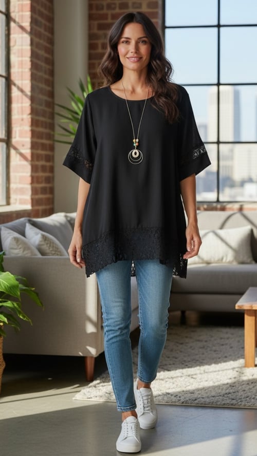 Veronika blouse, Black w blonde detaljer. Onesize 38-48. (2)