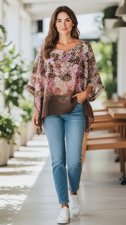 Hortensia Chiffon blouse. Mocca w mix colours. Onesize 36-46. (2)