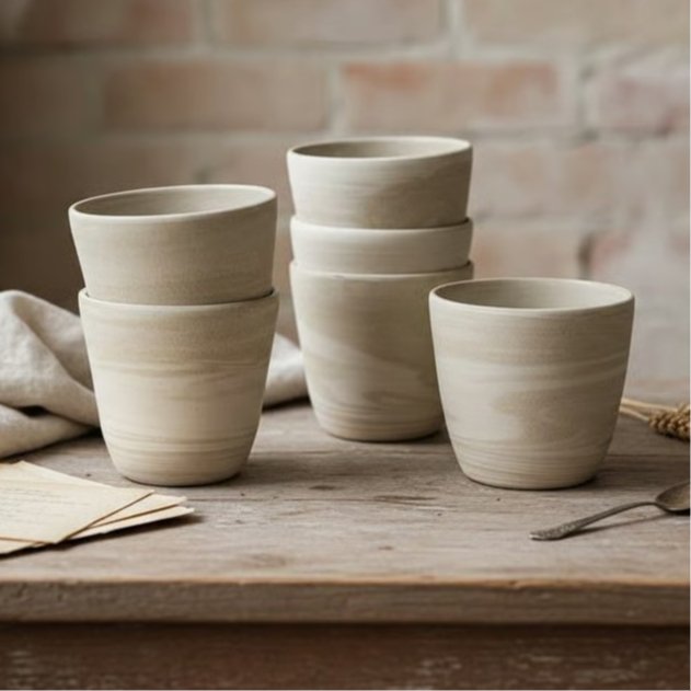 Stabel af seks beige keramik krus på et træbord med en murstensvæg i baggrunden.