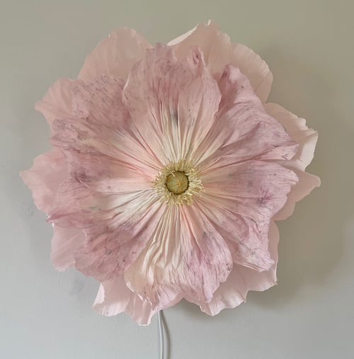 Stor lys pink papirblomst med lagdelte kronblade monteret på væg. (1)