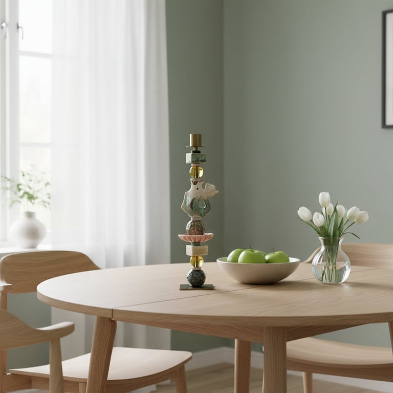 Rundt lyst træbord med stole, en skål med grønne æbler, en vase med hvide tulipaner og en dekorativ lysestage i et lyst rum med grønne vægge og hvidt gardin.