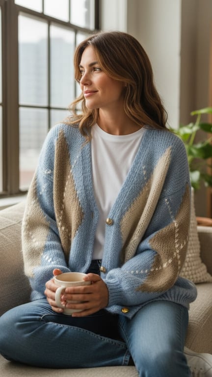 Kvinde iført blå og beige strikket cardigan og jeans, sidder afslappet med en kop kaffe ved vindue.