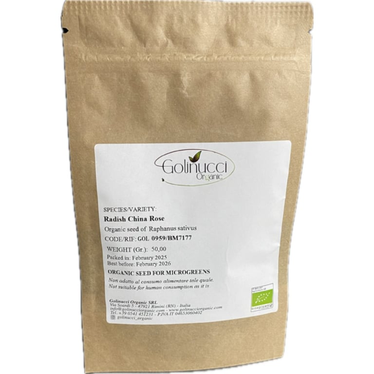 Brun papirpose med hvidt label fra Golinucci Organic, indeholder økologiske radisefrø af sorten China Rose til microgreens, 50 gram.