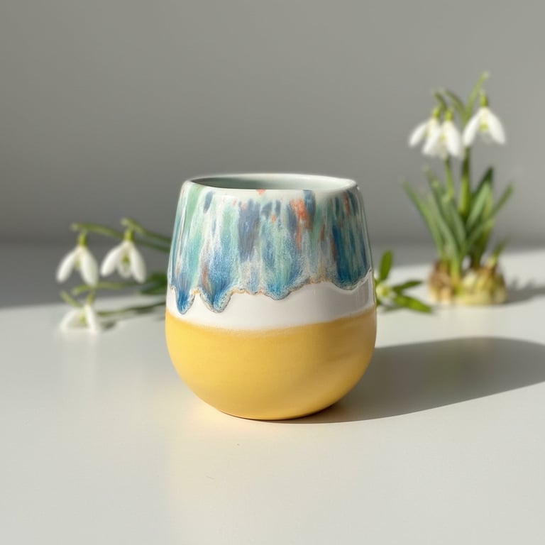Keramisk kop med gul og blå glasur, placeret på hvid overflade med hvide snepryd blomster i baggrunden.
