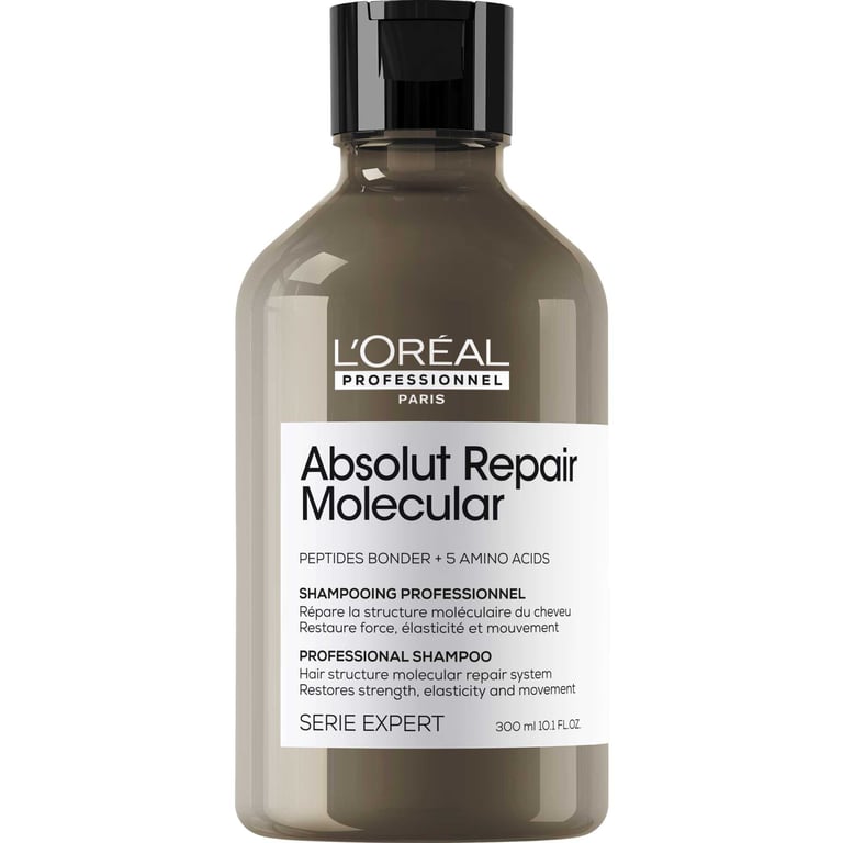 Flaske med L'Oréal Professionnel Absolut Repair Molecular shampoo til professionel hårpleje, 300 ml.