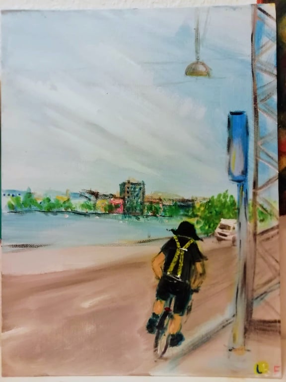 På cykel ved søerne, han havde samme seler som mig, 30x40 på malerplade akryl