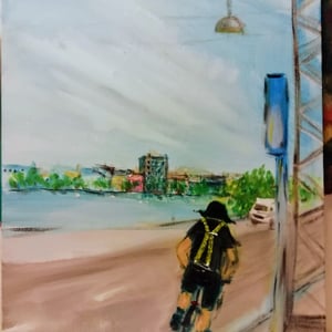 På cykel ved søerne, han havde samme seler som mig, 30x40 på malerplade akryl – produktbillede