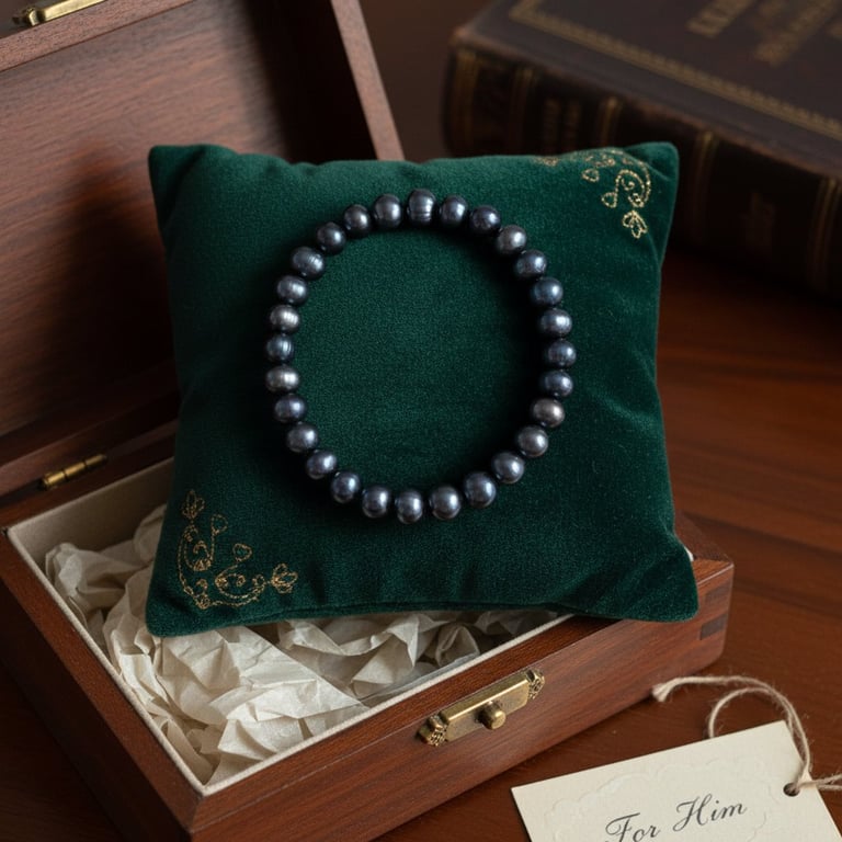 Sort perlearmbånd placeret på en grøn velourpude inde i en åben trææske, med en gaveetiket mærket "For Him".